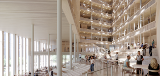 Havainnekuva tulevan Taito-kampuksen valoisista sisätiloista. Atriumilta näkee eri kerroksiin.